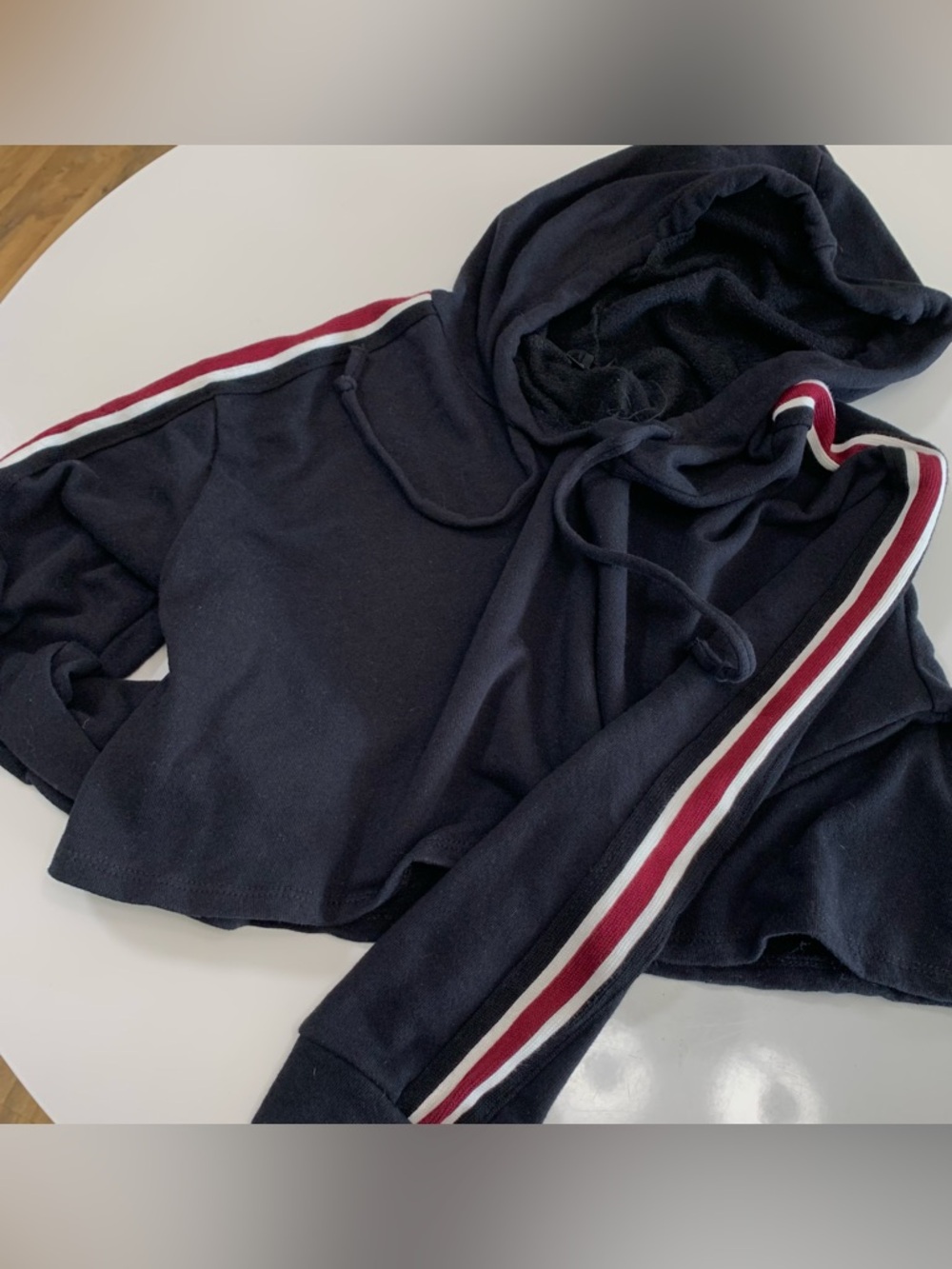 Papaya Navy Striped Sleeve Hoodie Crop Top - Picture 2 of 3